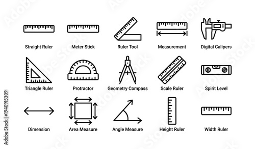 Variety of measuring tools: rulers, protractor, compass, calipers, level