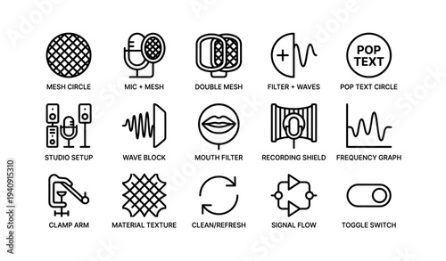 Audio icons set: microphones, filters, waves, graphs, and controls