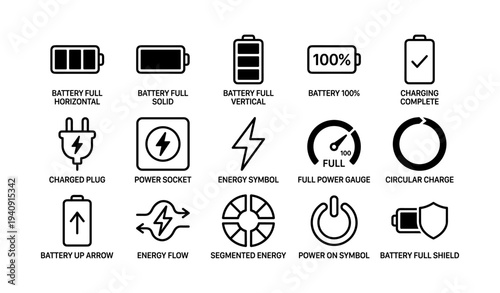 Set of battery and energy icons featuring charging and power symbols