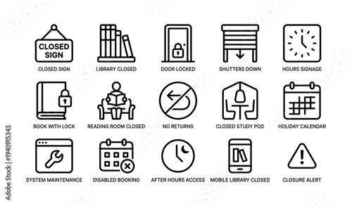 Library closure signs and icons: closed sign, locked door, system alert