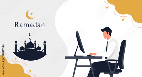 Elegant Ramadan Kareem background featuring crescent moon, glowing lanterns, and mosque silhouette with islamic geometric patterns, perfect for greeting cards, banners, and religious celebration desig