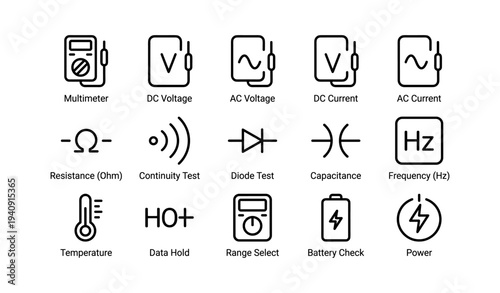 Set of technical icons representing electrical measurements and tests