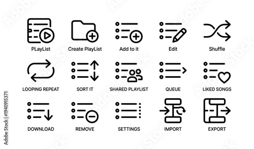 Playlist icon set: create, edit, shuffle, loop, sort, shared, queue, liked