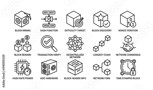 Blockchain technology icons: mining, hash functions, decentralized networks