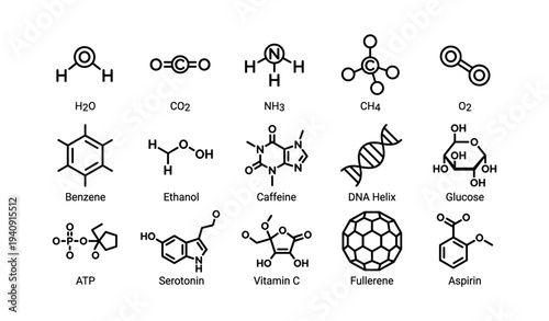Collection of chemical compound structures: water, carbon dioxide, dna, glucose, caffeine