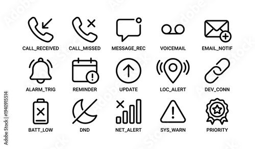 Communication and notification icons set: call, message, email, alert symbols