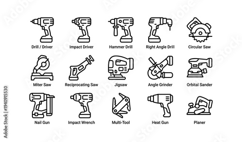 Icon set of various power tools including drill, saw, sander, and grinder