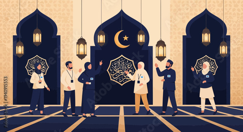 Elegant Ramadan Kareem background featuring crescent moon, glowing lanterns, and mosque silhouette with islamic geometric patterns, perfect for greeting cards, banners, and religious celebration desig