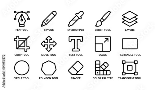 Graphic design tools icon set: pen, stylus, eyedropper, brush, layers, crop, move