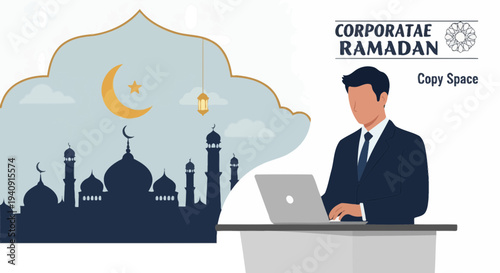 Elegant Ramadan Kareem background featuring crescent moon, glowing lanterns, and mosque silhouette with islamic geometric patterns, perfect for greeting cards, banners, and religious celebration desig