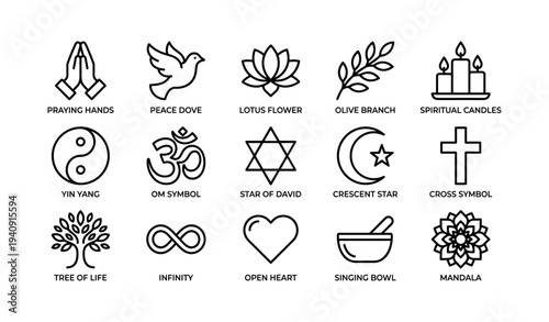 Symbolic icons: praying hands, peace dove, lotus, olive branch, spiritual candles