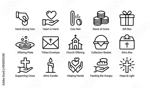 Charity and donation icons: coins, heart, offering, church, gift box, helping hands