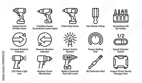 Comprehensive icon set of power tools and indicators for diy enthusiasts