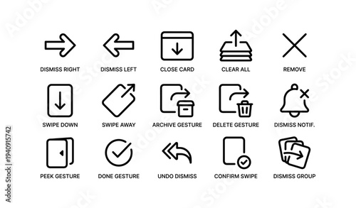 Gesture icons for mobile: swipe, dismiss, clear, archive, remove actions
