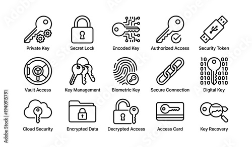 Digital security icons set: keys, locks, biometric access, encryption icons