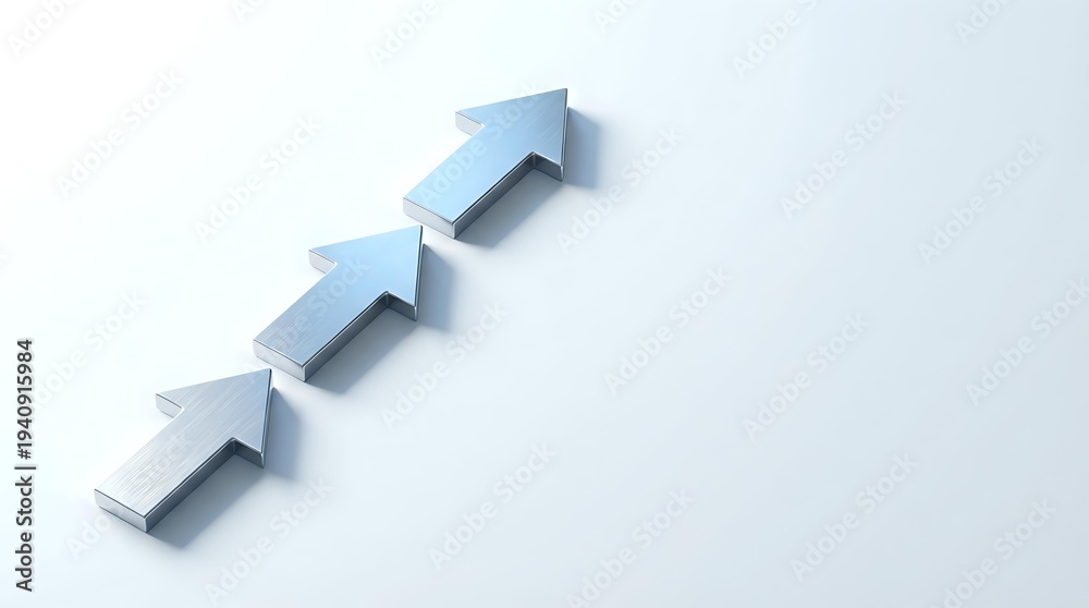 Fototapeta premium Blue paper arrows pointing upward in sequence showing growth progression and success concept on white background for business presentations.
