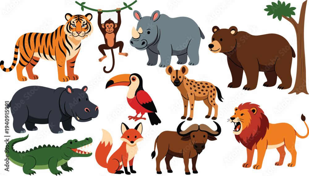 Fototapeta premium Cartoon wild animals collection set, tiger lion bear monkey rhino crocodile jungle wildlife vector illustration