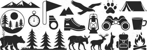 Camping hiking outdoor adventure icons set, forest wildlife travel equipment silhouette vector illustration collection