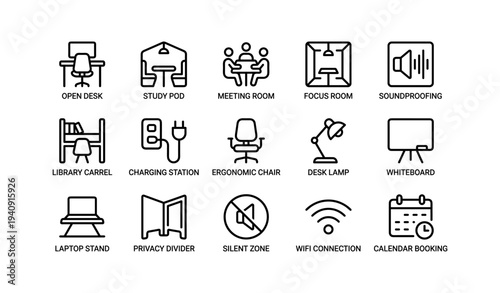 Office icons: desk, study pod, meeting room, soundproofing, ergonomic chair