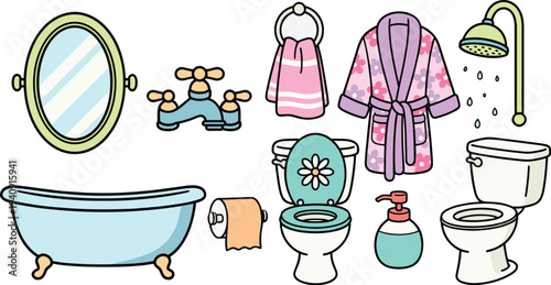 Cartoon bathroom accessories set, bathtub mirror shower toilet towel robe hygiene equipment colorful vector illustration