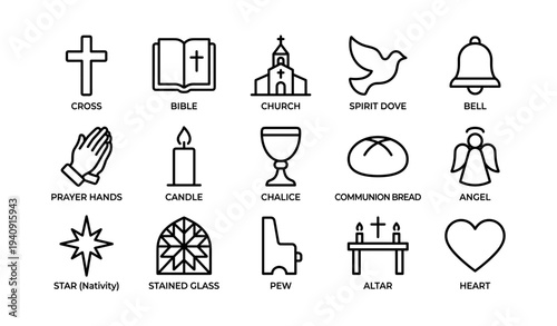 Christian symbols: cross, bible, church, dove, bell, and more