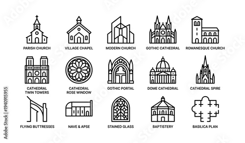 Church architecture symbols: modern, gothic, romanesque designs and features