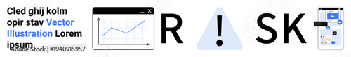 Risk management, data security, decision making, analytics, technology, online safety. Graphics include a chart, warning icon and digital interface. Risk management and data security concepts