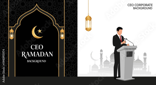 Elegant Ramadan Kareem background featuring crescent moon, glowing lanterns, and mosque silhouette with islamic geometric patterns, perfect for greeting cards, banners, and religious celebration desig