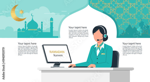 Elegant Ramadan Kareem background featuring crescent moon, glowing lanterns, and mosque silhouette with islamic geometric patterns, perfect for greeting cards, banners, and religious celebration desig