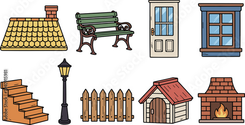 Cartoon house exterior elements set, roof bench door window stairs fence doghouse fireplace vector illustration