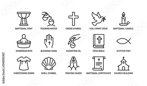 Icons of christian baptism rituals: font, anointing, and holy symbols