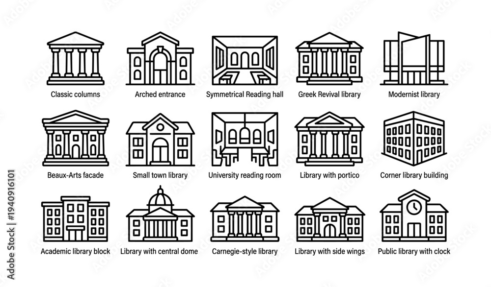 Fototapeta premium Collection of library architecture styles in line art: modern, classical, beaux-arts, and more