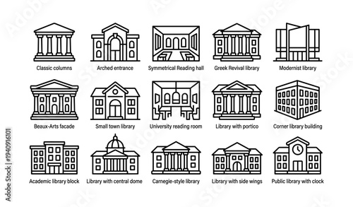 Collection of library architecture styles in line art: modern, classical, beaux-arts, and more