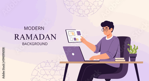 Elegant Ramadan Kareem background featuring crescent moon, glowing lanterns, and mosque silhouette with islamic geometric patterns, perfect for greeting cards, banners, and religious celebration desig