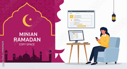 Elegant Ramadan Kareem background featuring crescent moon, glowing lanterns, and mosque silhouette with islamic geometric patterns, perfect for greeting cards, banners, and religious celebration desig