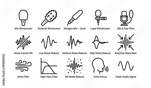 Audio filtering icons: noise reduction and microphone accessories