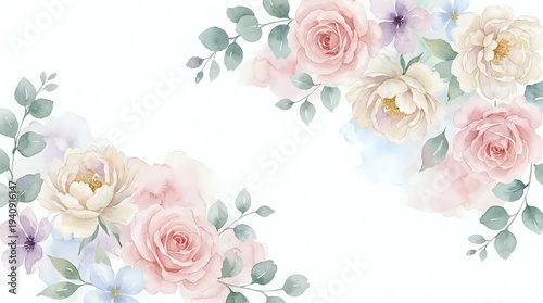 Watercolor floral frame with soft pink roses, purple flowers and eucalyptus leaves on white background for wedding invitations and romantic designs.