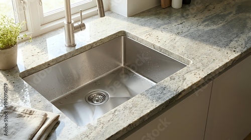 Modern stainless steel undermount kitchen sink installed in granite countertop with contemporary cabinet design for home renovation and interior projects.