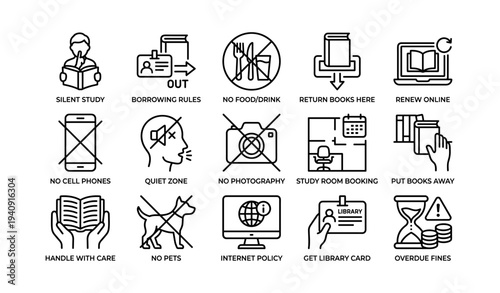 Library rules icons: study, silence, technology, borrowing, pet policy, book return