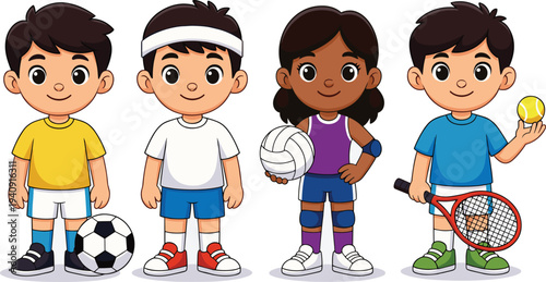 Kids playing sports cartoon characters set, children with soccer volleyball and tennis equipment colorful vector illustration