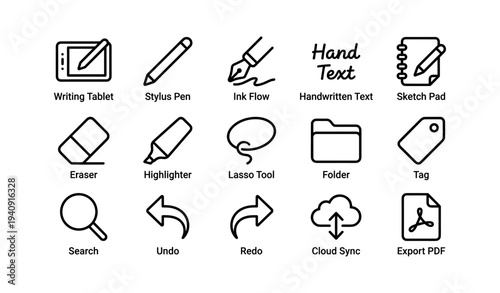 Digital illustration tools: writing tablet, ink flow, handwritten text, cloud sync, pdf export