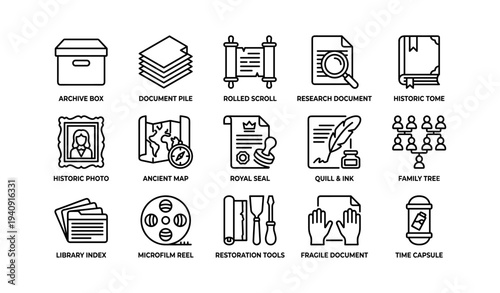 Historical document icons: archive box, quill, family tree, ancient map, time capsule