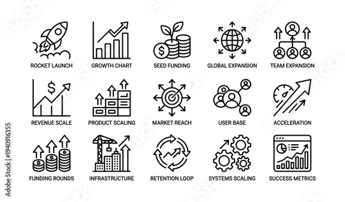 Business growth icons set featuring expansion, scaling, global reach, and success metrics