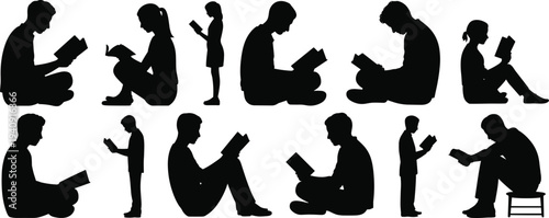 People reading book silhouettes collection, students and adults studying sitting standing poses shadow figures isolated vector