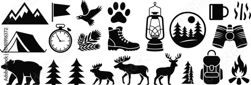 Outdoor camping adventure icons collection, featuring tent, mountains, wildlife, lantern, binoculars, campfire, hiking boot, backpack silhouettes illustration