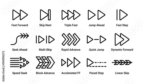 Collection of fast forward and skip icons for media playback control