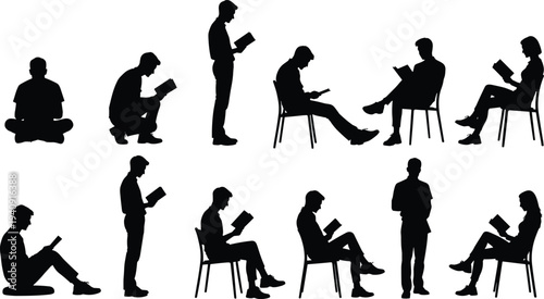 People reading book silhouettes set, students studying sitting standing poses education learning vector illustration collection