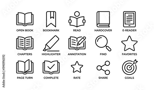 Library icons: books, bookmark, reading, e-reader, and more