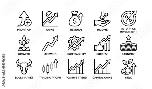 Financial growth icons: profit, revenue, investment, earnings, market trends
