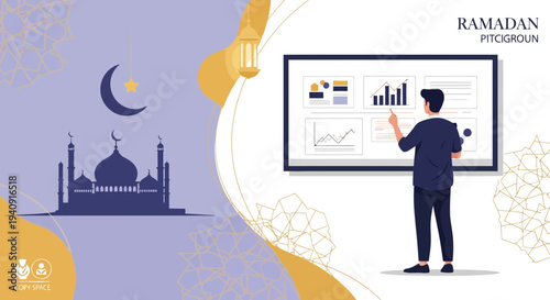 Elegant Ramadan Kareem background featuring crescent moon, glowing lanterns, and mosque silhouette with islamic geometric patterns, perfect for greeting cards, banners, and religious celebration desig